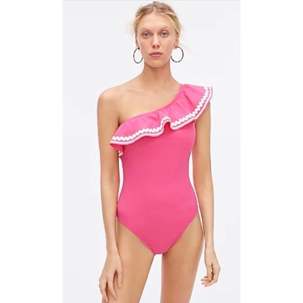 J. Crew Hot Pink One-Shoulder Ruffle One-Piece Swimsuit